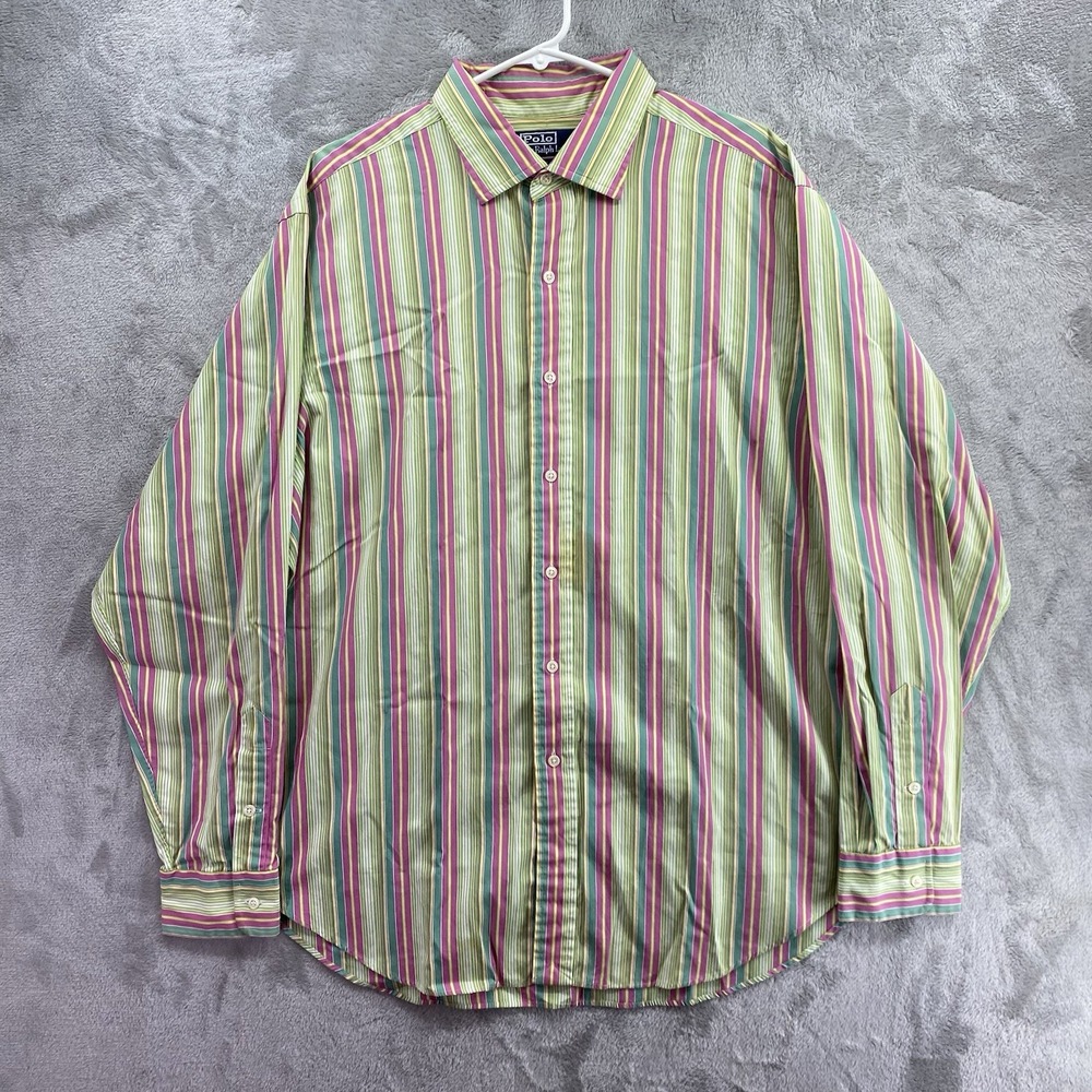 Polo Ralph Lauren Mens XL Multicolor Striped Button Up Shirt Pink Green 100% EUC